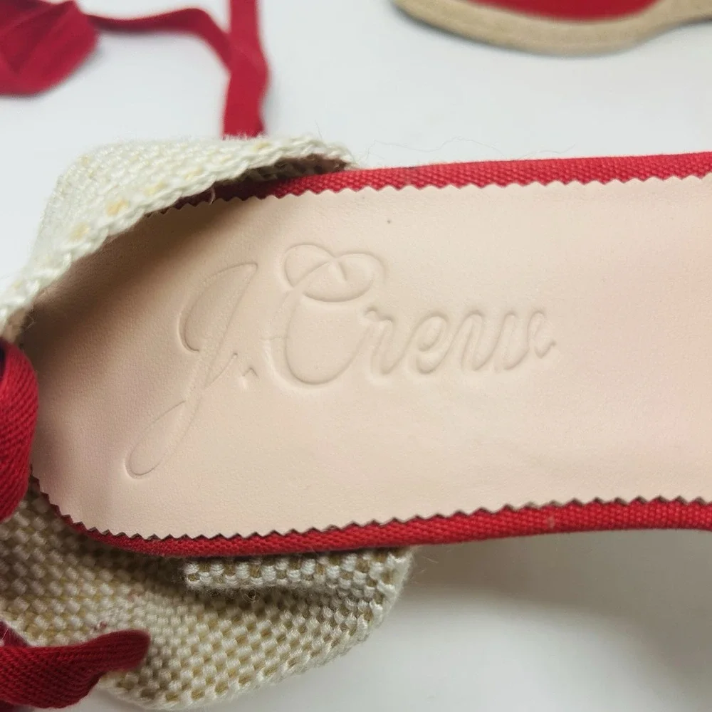 J Crew Espadrille Wedge Heels Size 10 Red Ankle Bow Ties AY315 Canvas Closed Toe
